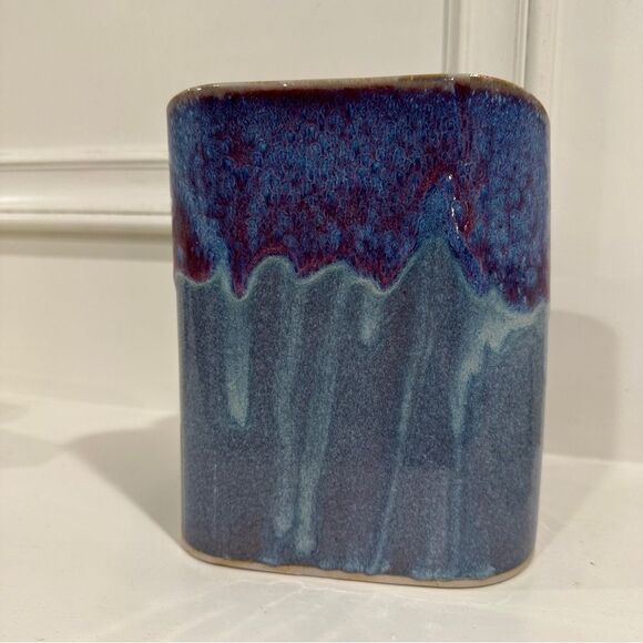 Bay Pottery Blue Purple Ceramic Drip Glaze Art Pottery Stoneware Triple Bud Vase - Picture 5 of 8